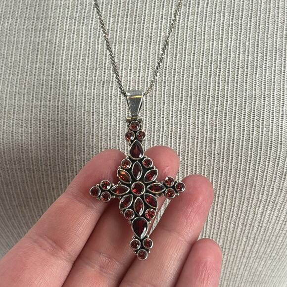 Sterling silver garnet encrusted cross pendant necklace - Picture 2 of 8